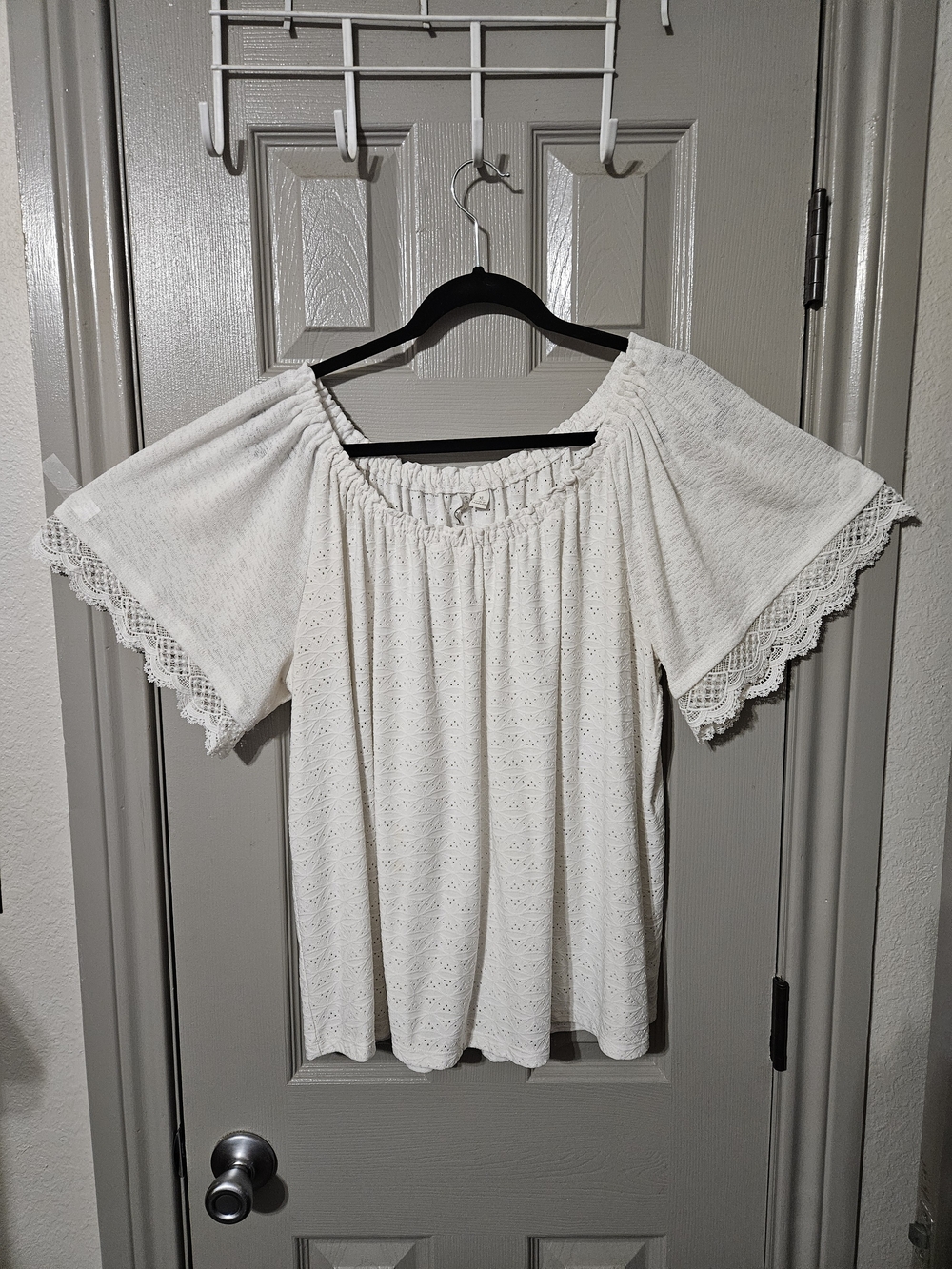Cato White Off-Shoulder Eyelet Lace Sleeve Blouse